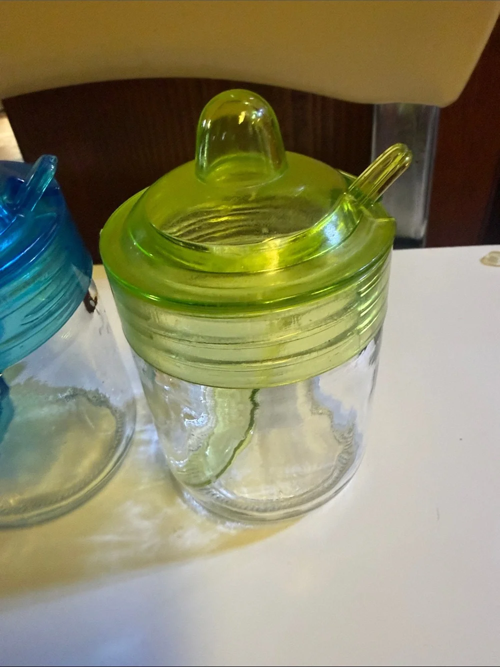 3 Clear Glass Spice/Condiment Jars with Bright Red, Blue, and Green Lids